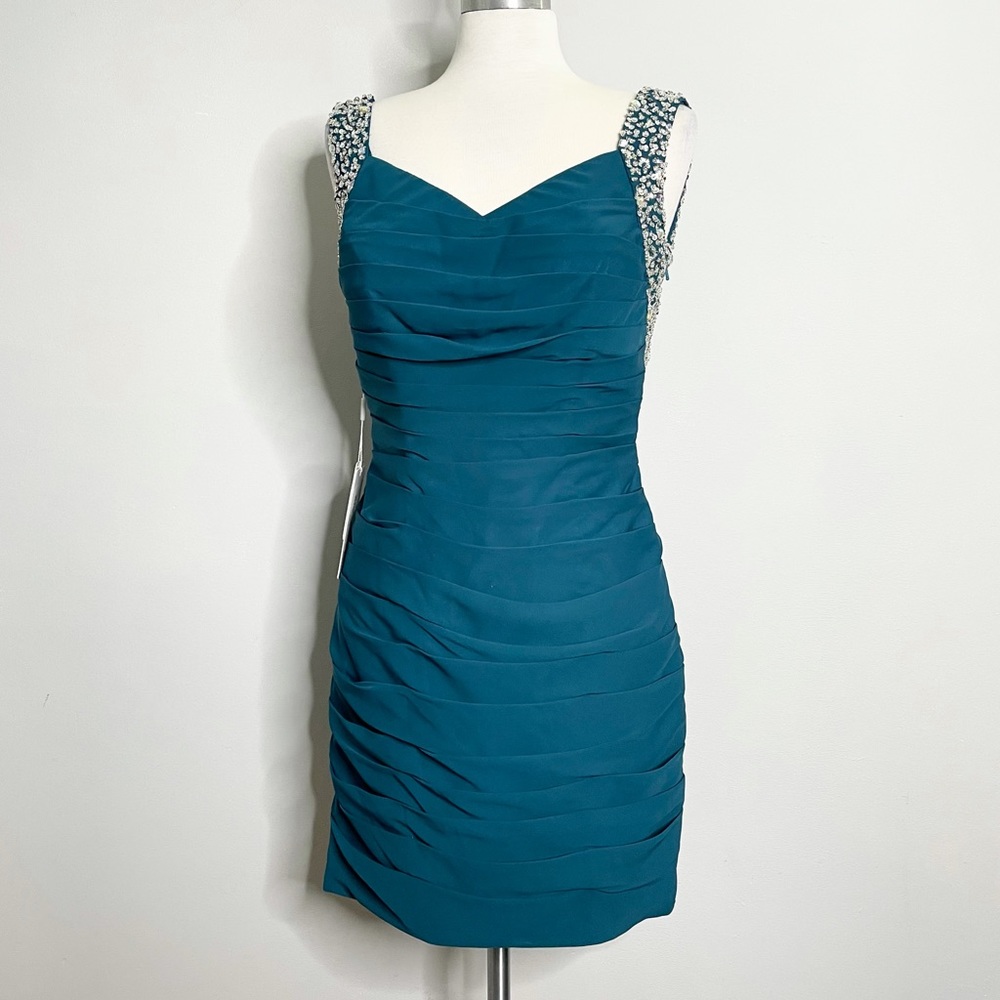 JJ’S HOUSE Chiffon Ruched Cocktail Dress with Sequins and Beads